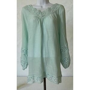 Indigo Soul Blouse Tunic Large Floral Lace Mint Green Peasant Hippie Boho